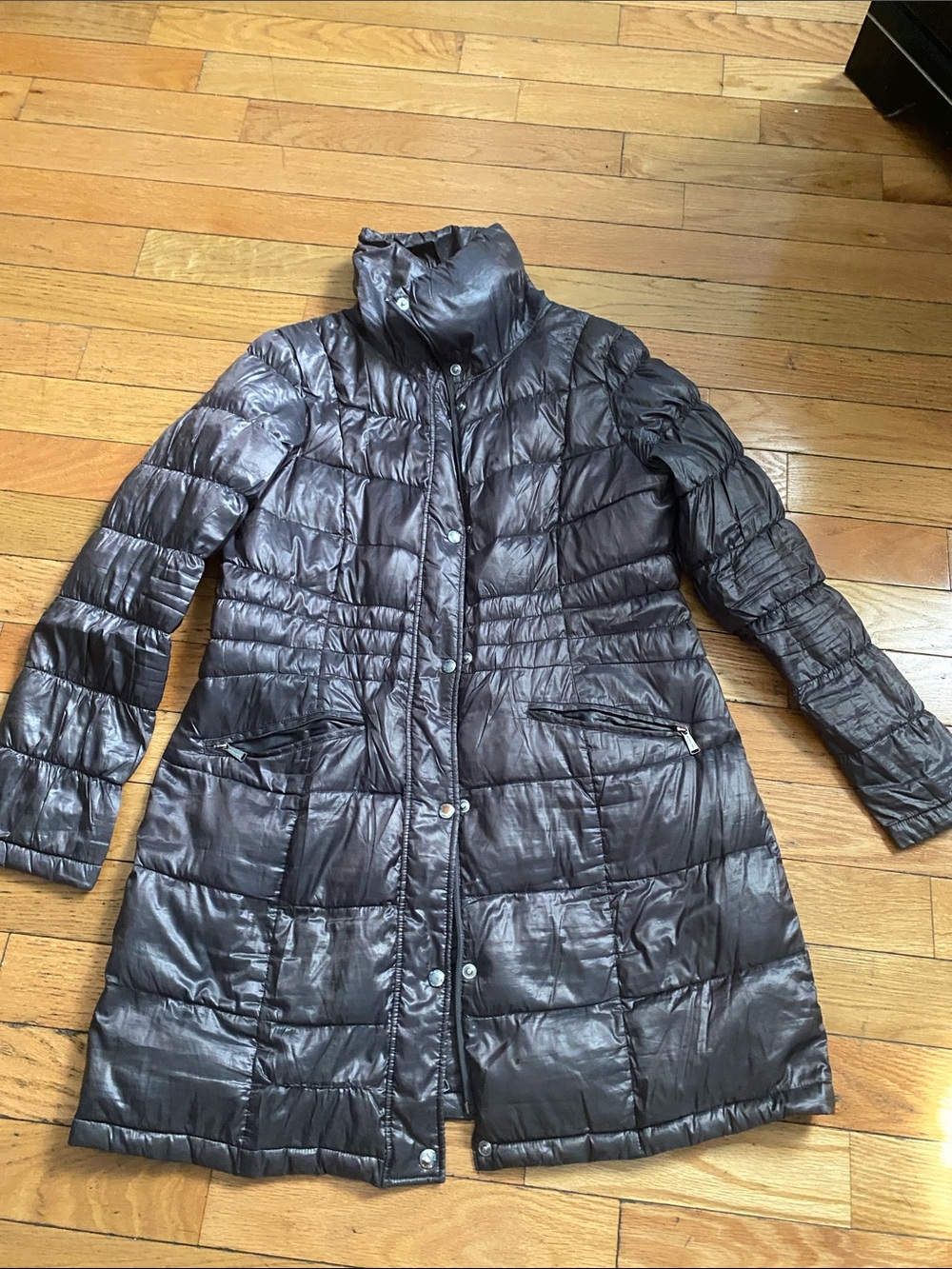 Michael Kors Shiny Charcoal Quilted Long Puffer Coat